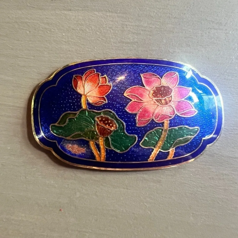 Vintage Cloisonne Enamel Lotus Flower Brooch Pendant‎ Blue Pink Grn Needs REPAIR